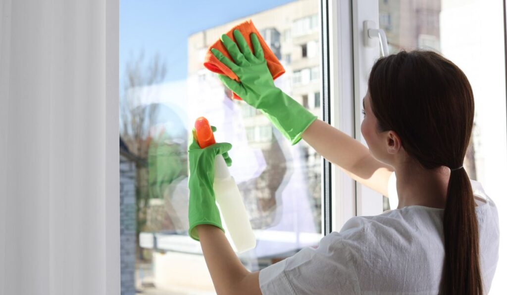 Young woman cleaning window glass with rag and detergent at home