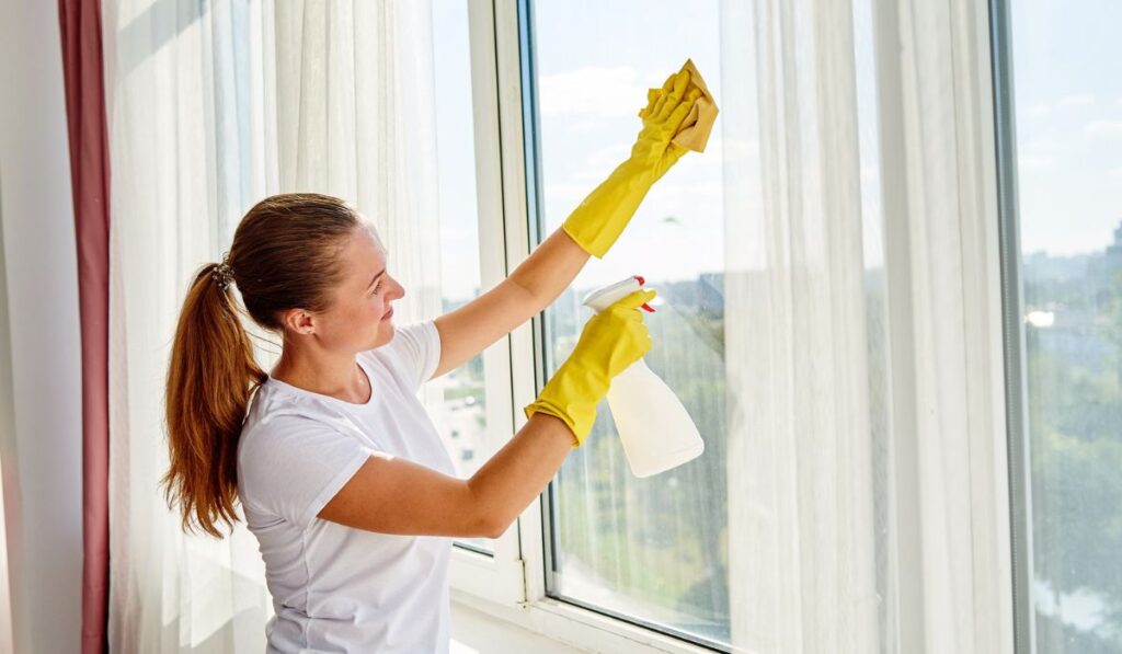 Woman in white shirt and yellow rubber gloves cleaning window with cleanser spray and yellow rag