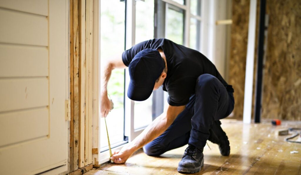 A handsome young man installing Double Sliding Patio Door