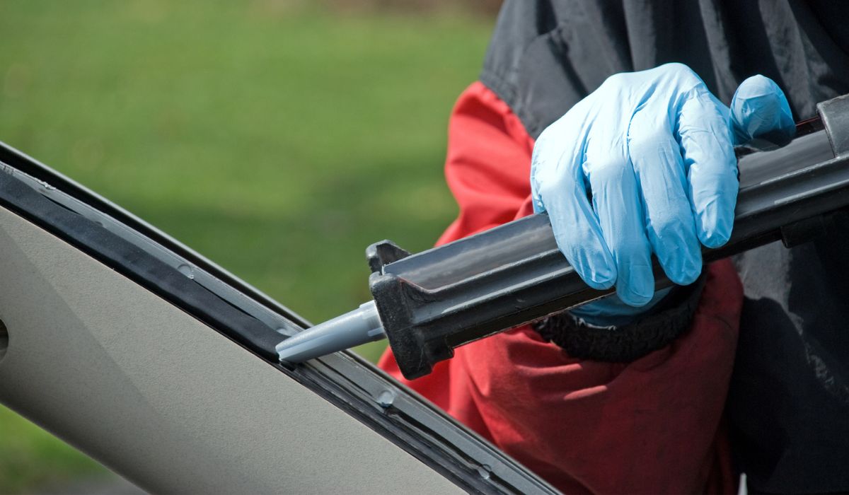A worker applying adhesive to a car before replacing the windshield