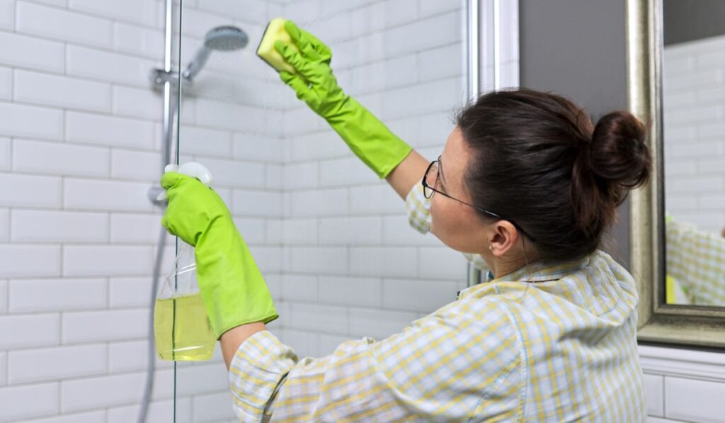 Female washing shower glass with sponge and detergent