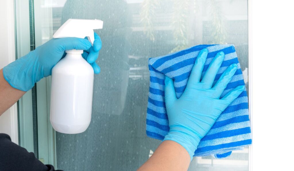 Hands wearing blue gloves holding a white plastic spray bottle and towel fabric cleaning home glass door