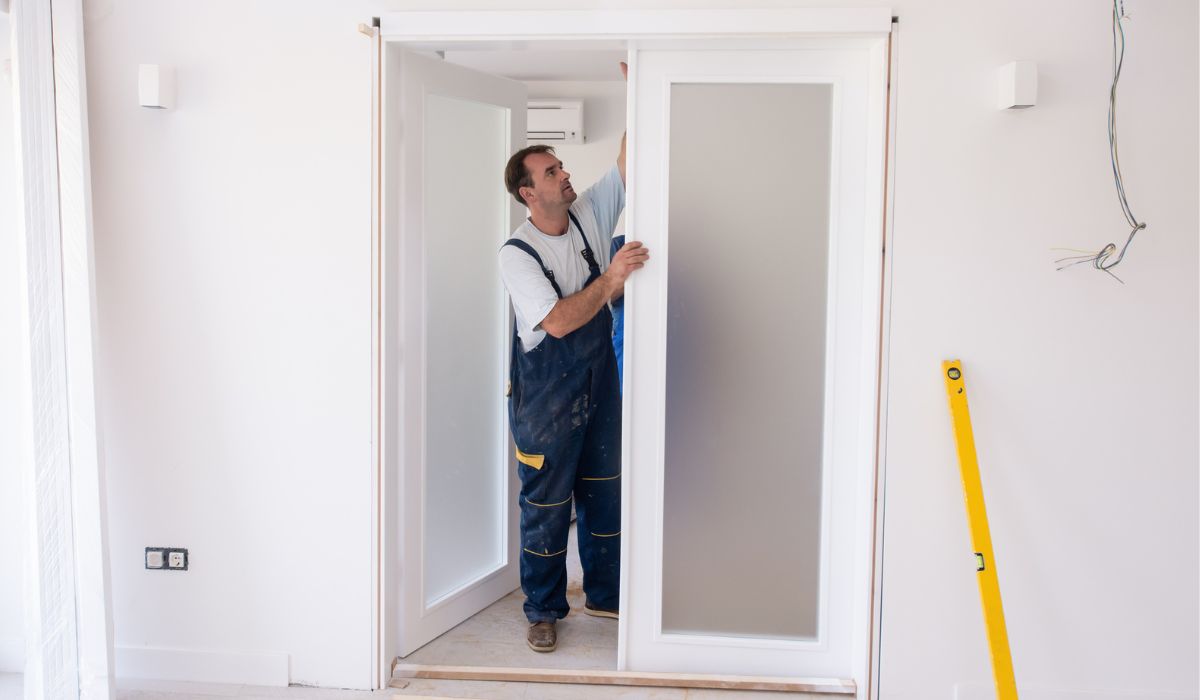Carpenters installing glass door with a wooden frame