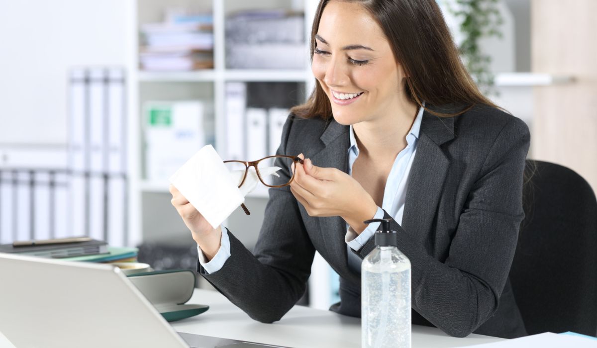 Happy executive cleaning eyeglasses with disinfectant at office