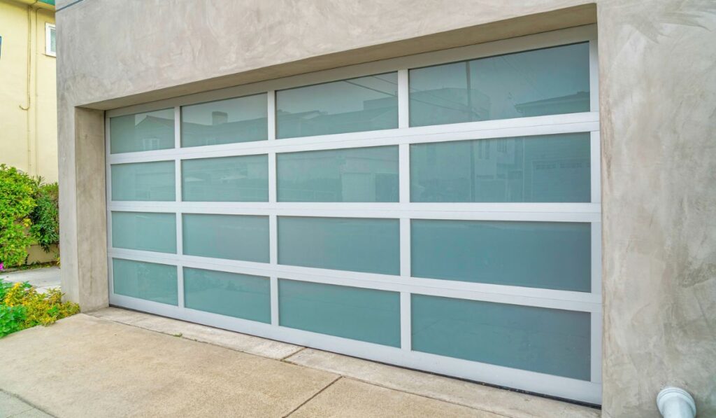 Garage of house in Long Beach California with wide frosted glass paned door