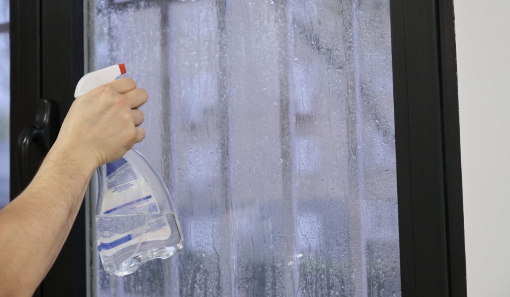 Man spraying window glass with water to install frosted window vinyl