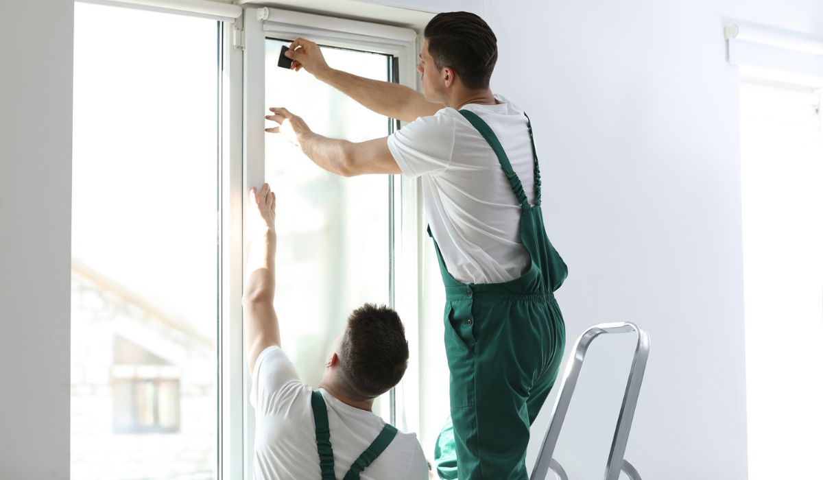Professional workers tinting window with foil