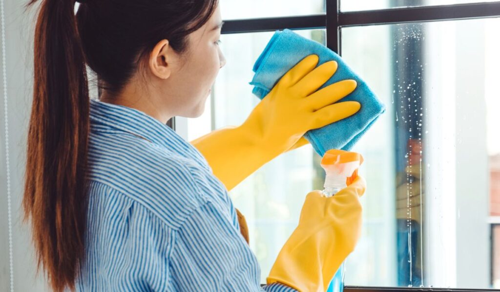 Asian Woman in gloves cleaning solution Spraying and cleaning the window House keeping concept